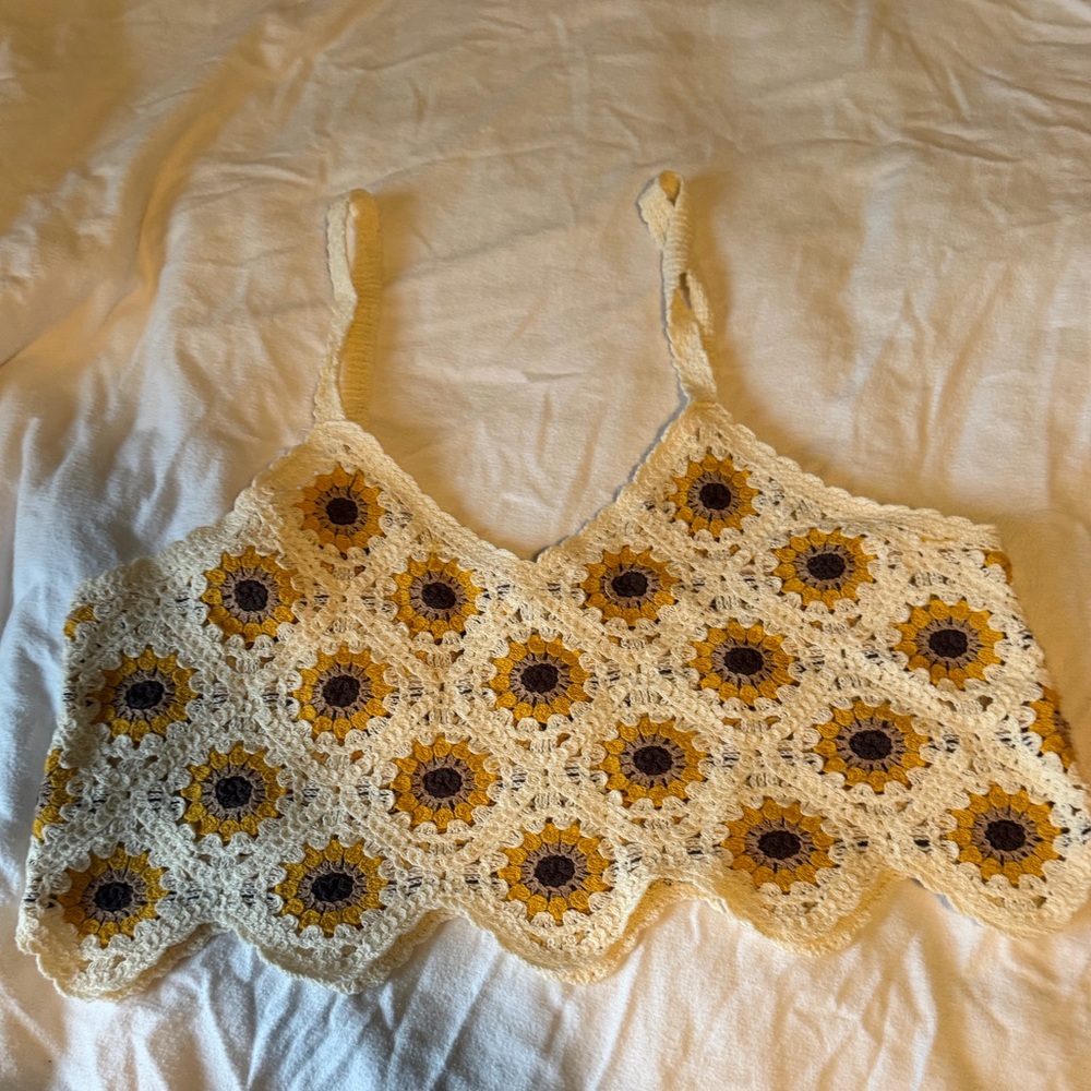 Le Lis Cream and Yellow Crochet Crop Top